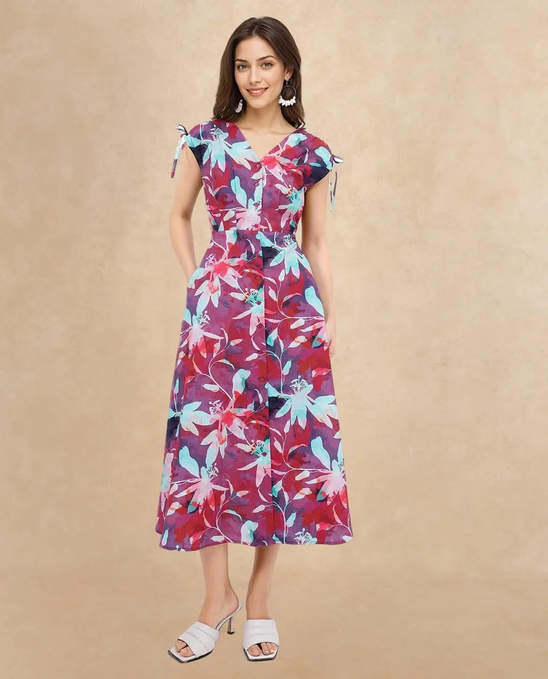 Rareism Women's Floral Border Print V-Neck Midi Dress