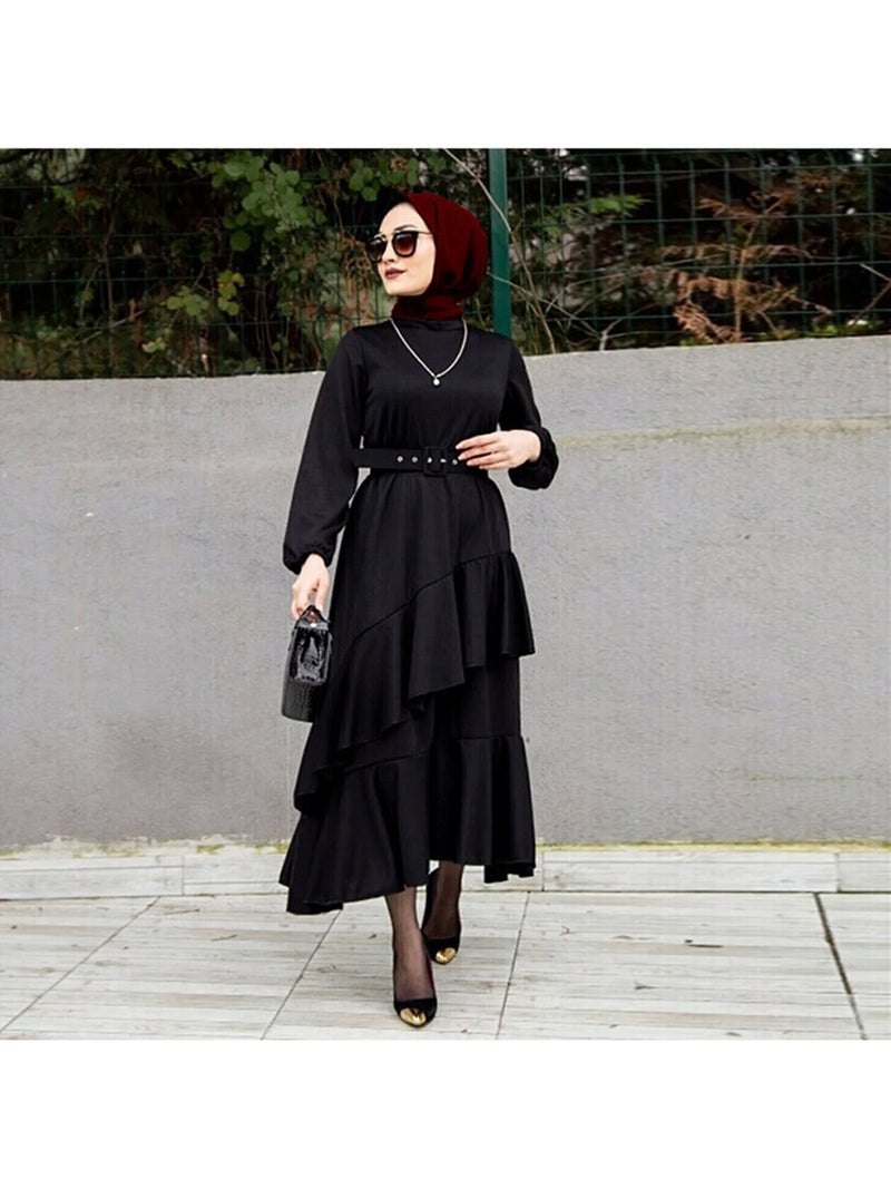 Middle Eastern Turkish Long Dress - Muslim Double-Layer Ruffle Waist Fairy Dress, Loose Fit Slimming Eid Gown - Image 2