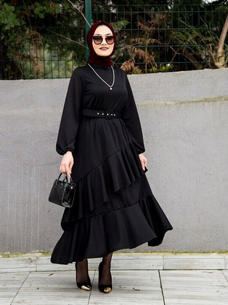 Middle Eastern Turkish Long Dress - Muslim Double-Layer Ruffle Waist Fairy Dress, Loose Fit Slimming Eid Gown - Image 3