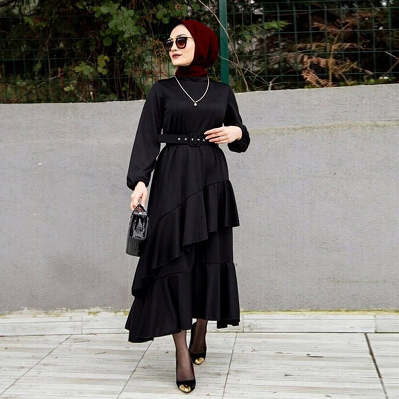 Middle Eastern Turkish Long Dress - Muslim Double-Layer Ruffle Waist Fairy Dress, Loose Fit Slimming Eid Gown - Image 1