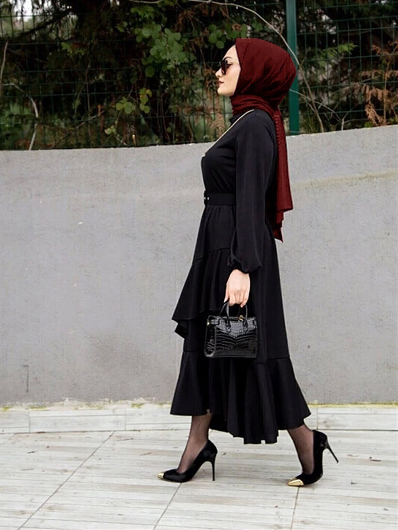 Middle Eastern Turkish Long Dress - Muslim Double-Layer Ruffle Waist Fairy Dress, Loose Fit Slimming Eid Gown - Image 4