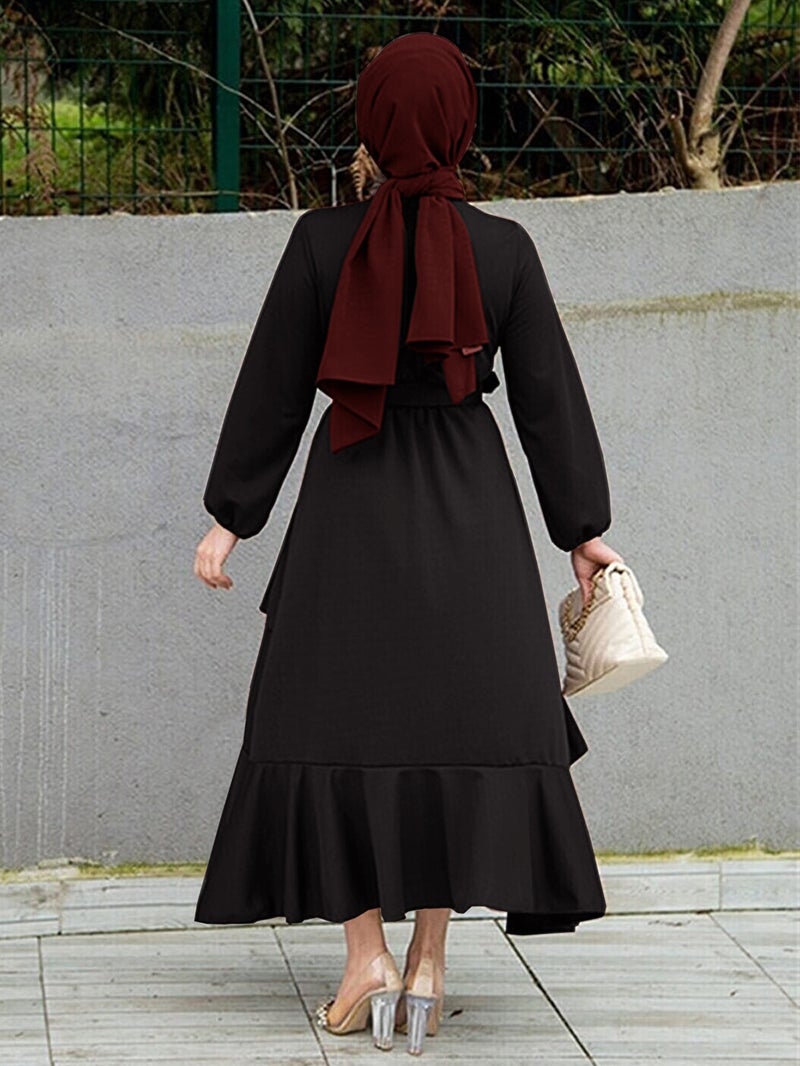 Middle Eastern Turkish Long Dress - Muslim Double-Layer Ruffle Waist Fairy Dress, Loose Fit Slimming Eid Gown - Image 5