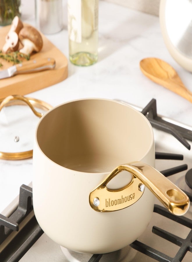 bloomhouse - Oprah's Favorite Things - 3 Quart Heavy Duty Aluminum Premium PFA Free Ceramic Nonstick Saucepan with Lid - Almond Cream w/Gold Handle - Image 2