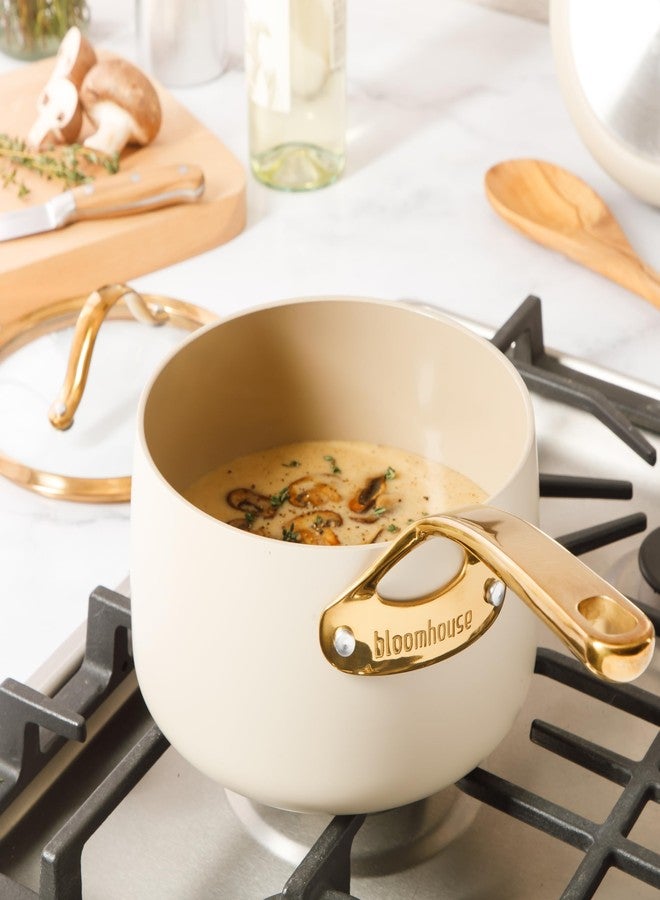 bloomhouse - Oprah's Favorite Things - 3 Quart Heavy Duty Aluminum Premium PFA Free Ceramic Nonstick Saucepan with Lid - Almond Cream w/Gold Handle - Image 3