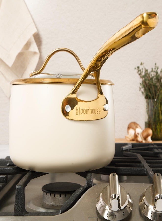 bloomhouse - Oprah's Favorite Things - 3 Quart Heavy Duty Aluminum Premium PFA Free Ceramic Nonstick Saucepan with Lid - Almond Cream w/Gold Handle - Image 4