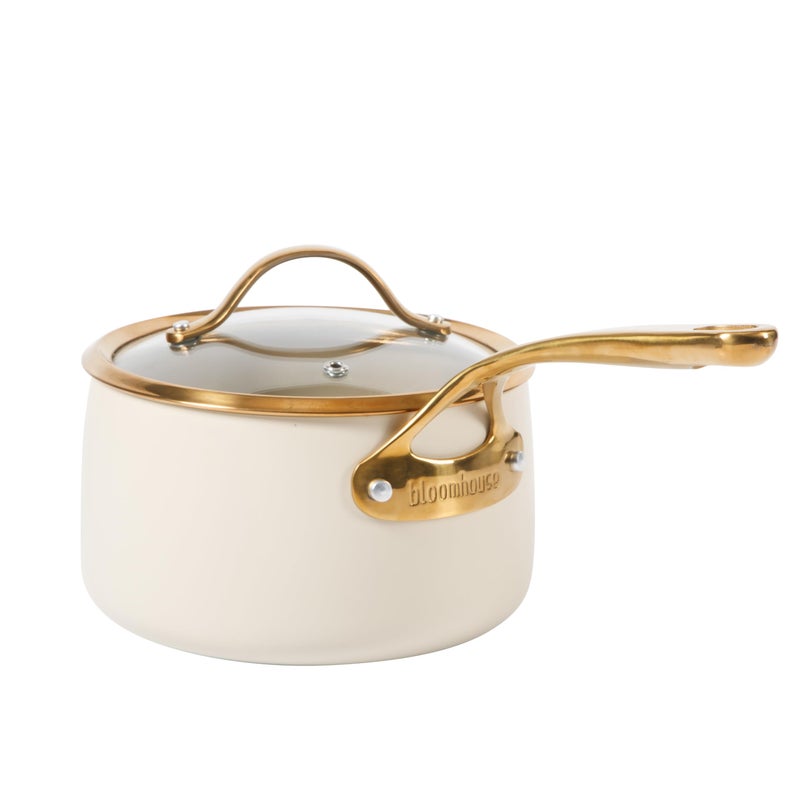 bloomhouse - Oprah's Favorite Things - 3 Quart Heavy Duty Aluminum Premium PFA Free Ceramic Nonstick Saucepan with Lid - Almond Cream w/Gold Handle - Image 1