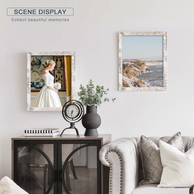 Fisnish 11x14 Picture Frame, for Tabletop Display, Horizontal or Vertical Wall Mounting, Distressed White - Image 2