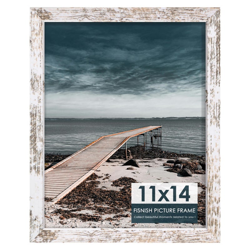 Fisnish 11x14 Picture Frame, for Tabletop Display, Horizontal or Vertical Wall Mounting, Distressed White - Image 1