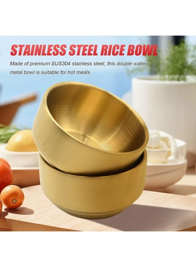 Stainless Steel Rice Bowl with Lid, Set of 2, for Kitchen Restaurant, Double-walled Metal Bowls, Multi-Purpose Insulated Soup Bowls Snacks Bowls (Gold) - Image 2