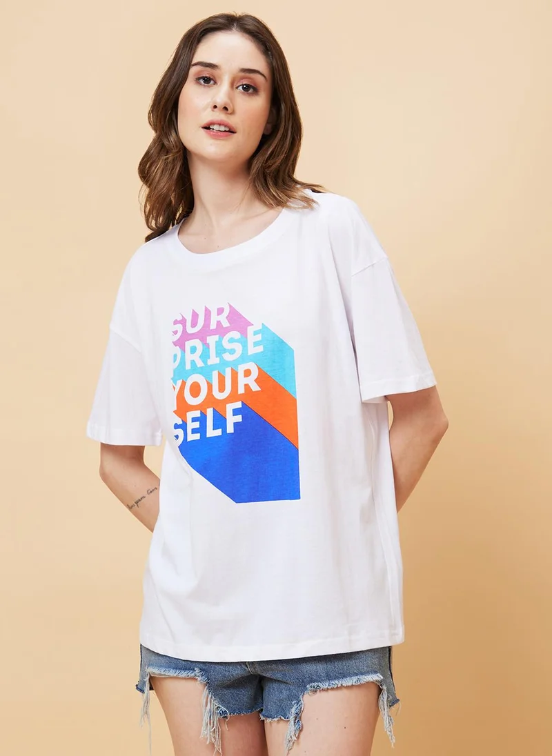 globus Globus Women Typography Printed Boxy Fit Pure Cotton T-Shirt