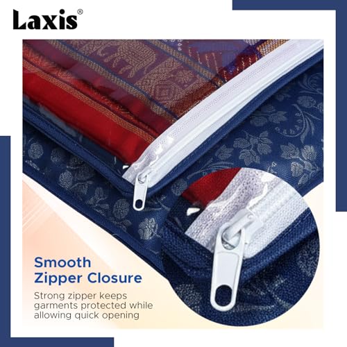 LAXIS® Non-Woven Printed Single Saree Cover, Saree Bag Pack of 10Pcs, Transparent Saree Covers With Zip, Saree Covers For Storage, Wardrobe Organiser, Size-36x42x2cm (Blue) - Image 5