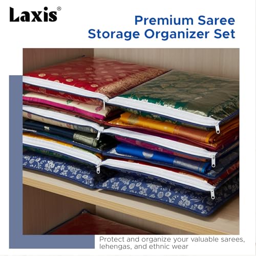 LAXIS® Non-Woven Printed Single Saree Cover, Saree Bag Pack of 10Pcs, Transparent Saree Covers With Zip, Saree Covers For Storage, Wardrobe Organiser, Size-36x42x2cm (Blue) - Image 3