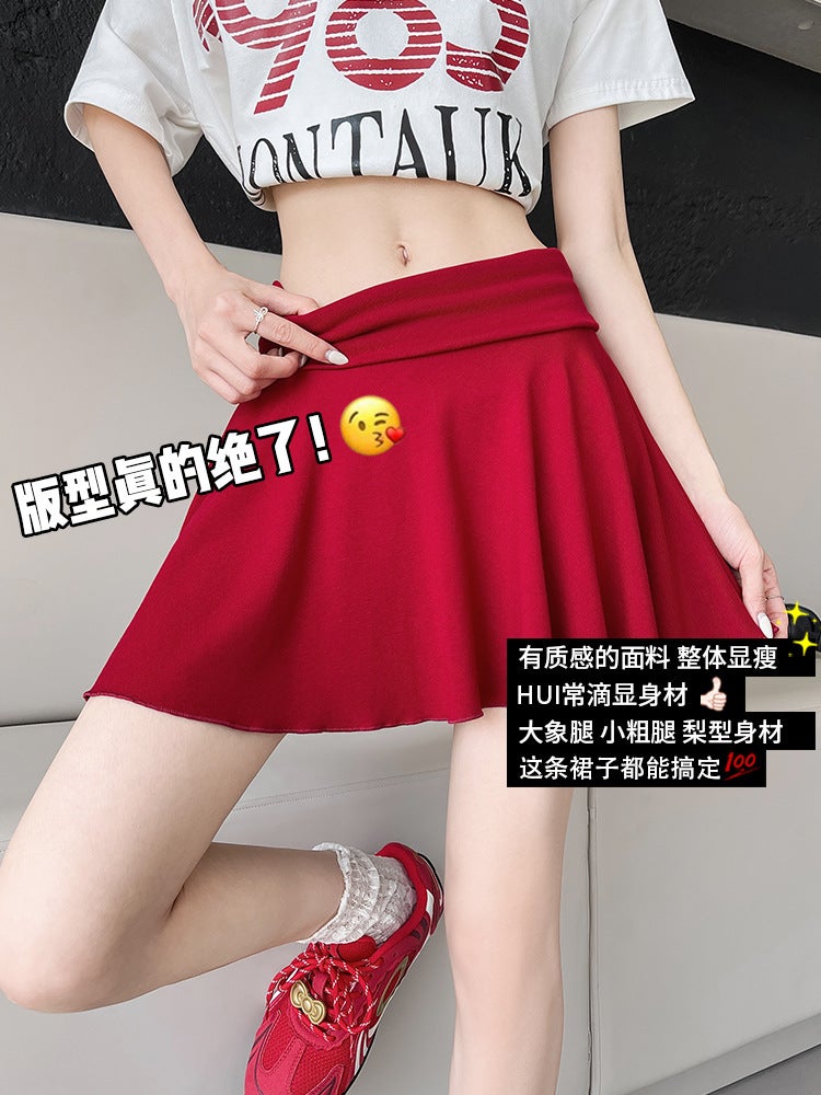 Sports Tennis Skirt For Women 2025 High-Waisted A-Line Pleated Skirt For Small People Anti-Exposure Red Culottes - Image 4