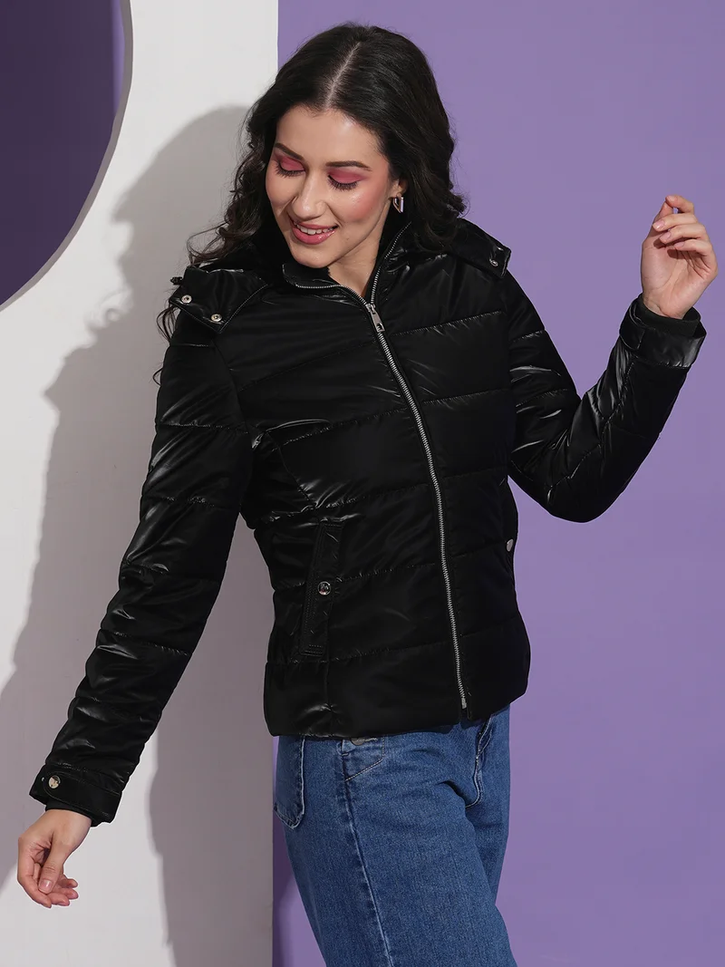 globus Women Mock Neck Front Pockets Winter Wear Insulator Puffer Jacket With Detachable Hood