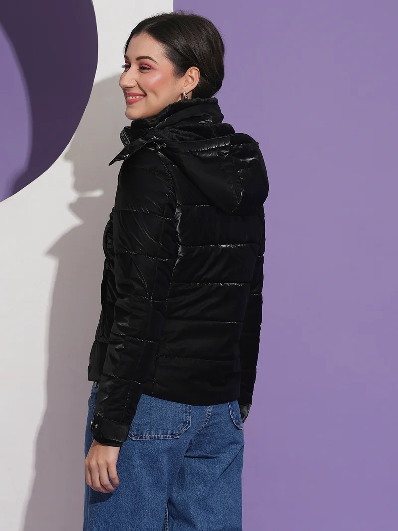 globus Globus Women Mock Neck Front Pockets Winter Wear Insulator Puffer Jacket With Detachable Hood