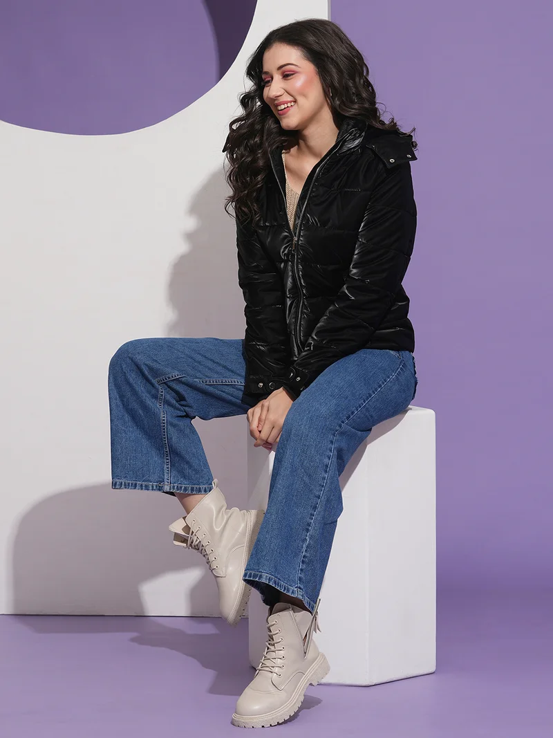 globus Globus Women Mock Neck Front Pockets Winter Wear Insulator Puffer Jacket With Detachable Hood