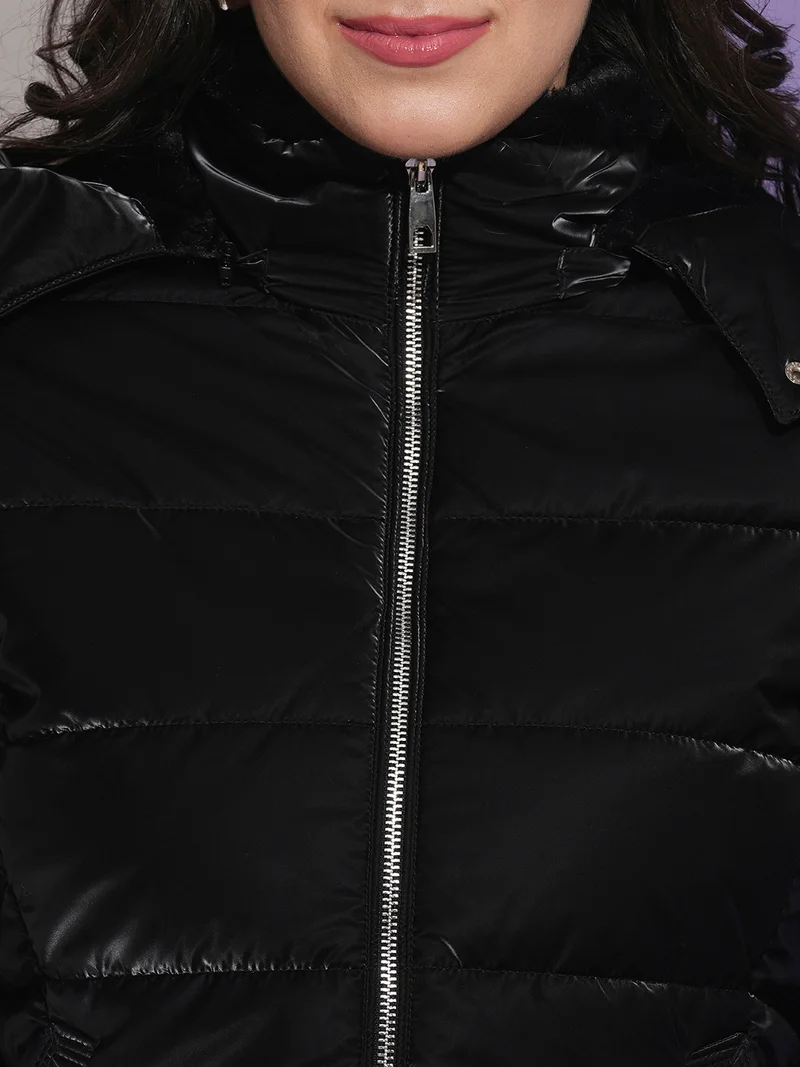 globus Globus Women Mock Neck Front Pockets Winter Wear Insulator Puffer Jacket With Detachable Hood