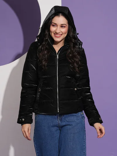 globus Globus Women Mock Neck Front Pockets Winter Wear Insulator Puffer Jacket With Detachable Hood