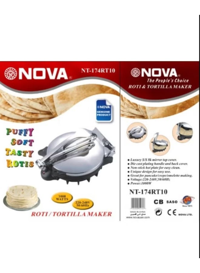 Nova 1000W Electric Roti Maker NT-174RT10, Non-Stick Roti & Chapati Press with Stainless Steel Mirror Finish Cover, Fast Heating & Easy Cleaning for Homemade Roti, Tortilla, Paratha, Pancake & Omelette - Image 1
