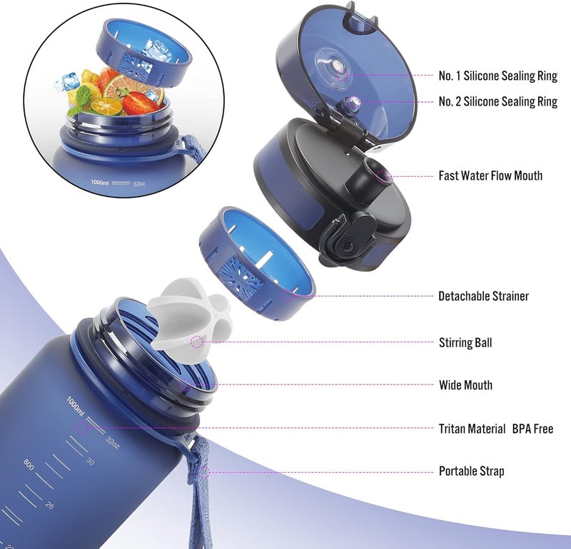 PROIRON Water Bottle 0.5L/1L Leak-Proof Drink Bottle BPA Free USA Tritan Material Gym Bottle with Protein Shaker, Flip Top Lid & Removable Strainer for Fitness Cycling, Gym Camping Outdoor Sports - Image 3