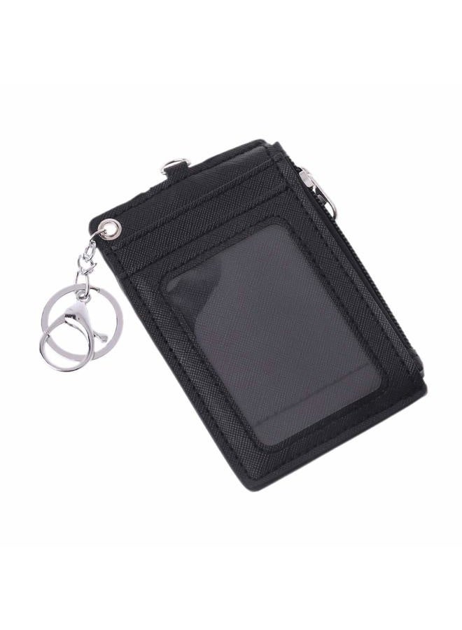 Seaskyer Portable Leather Business ID Card Credit Badge Holder Coin Purse Wallet Keychain (Black) - Image 1