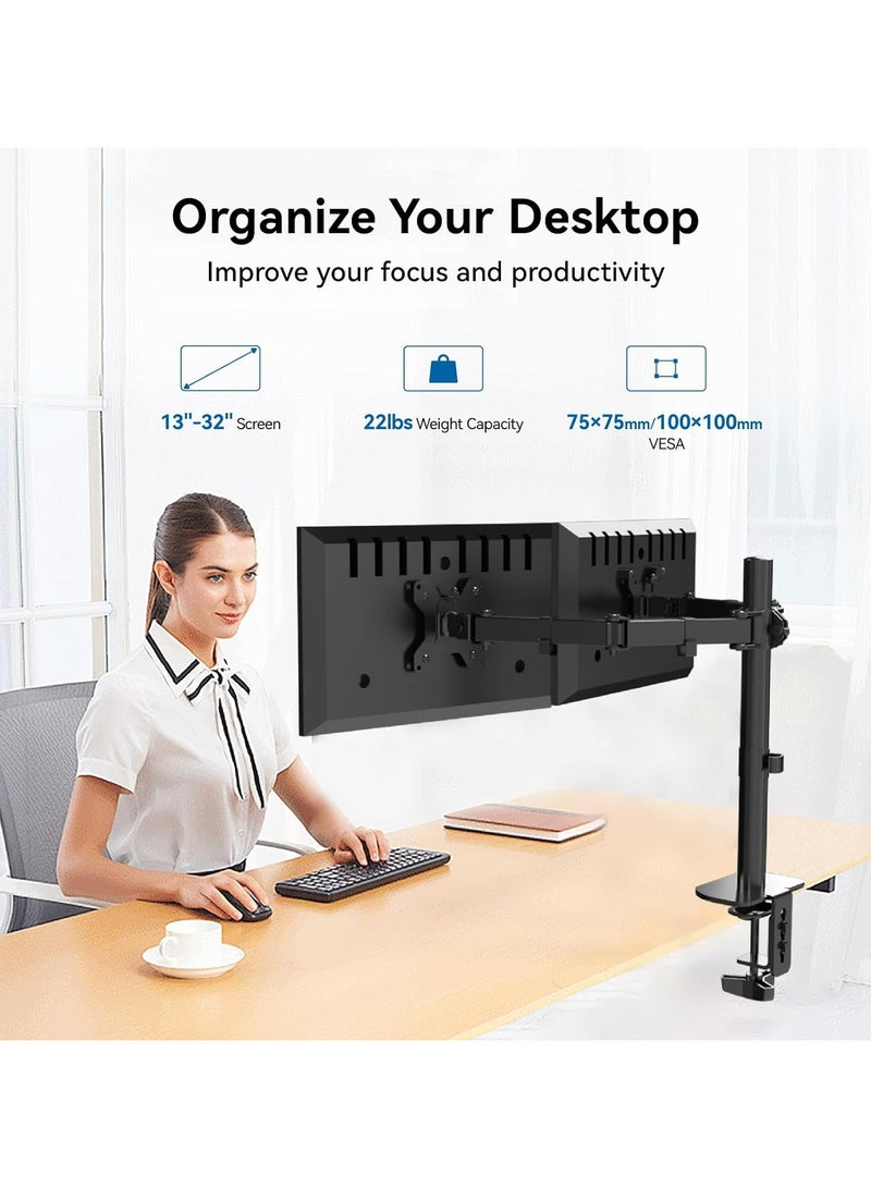 Dual LCD Monitor Desk Mount Stand, Heavy Duty Fully Adjustable Arms with C-Clamp Base and Grommet for 15"- 30" Screens, Max 22lbs for Home, Office, School Black  - Image 2