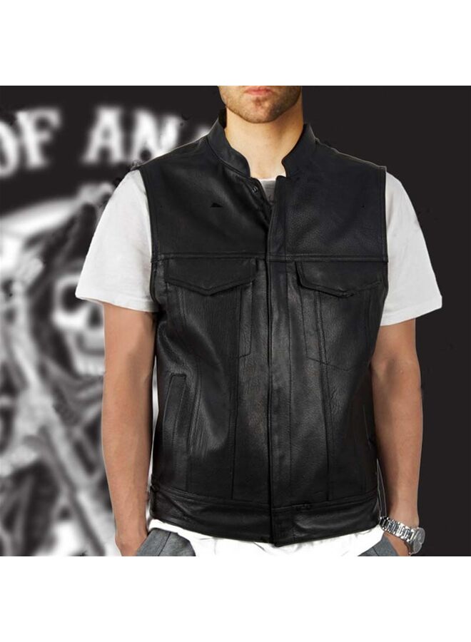 سترة جلدية رجالية للدراجات النارية مع جيوب حمل مخفية، سترة سوداء للدراجات النارية، سترة جلدية سوداء مكشوفة للرجال للدراجات النارية (أسود، مقاس XL، مقاس XXL) (المقاس: XL) - Image 4