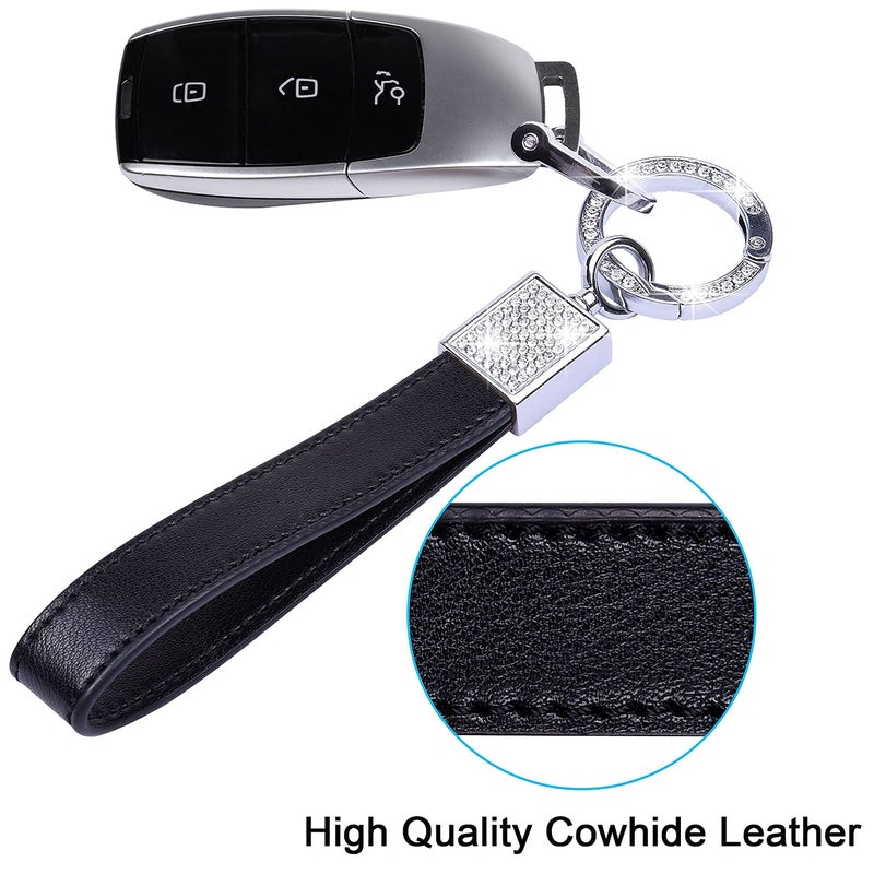 Wisdompro Genuine Leather Car Keychain, Bling Key FOB Holder Leather Loop Keychains for Women Girls with Crystal Rhinestones and 2 Keyrings - Black - Image 3