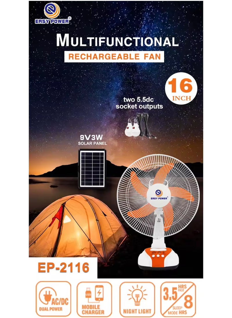 Easy Power - Fan, 5 solar-powered blades, with a solar panel, and 2 LED lights, equipped with a giant internal battery and a USB port for charging the phone and various devices - Image 1