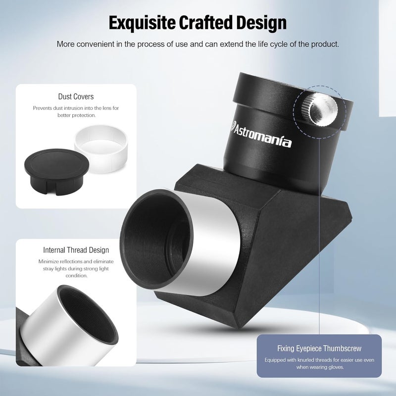 Astromania 1.25 Inch Telescope Diagonal with Amici Erecting Prism - 90° Fully-Coated Star Diagonal for Upright & Clear Astronomical Viewing, Metal/Plastic Construction, Enhanced Optical Transparency - Image 2
