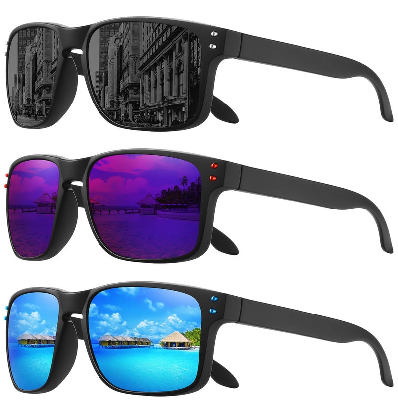 MEETSUN Polarized Sunglasses for Men Women Sports Driving Fishing Glasses UV400 Protection 3Pack-Black+Black Frame/Purple Blue Mirror Lens+Black/Blue - Image 1