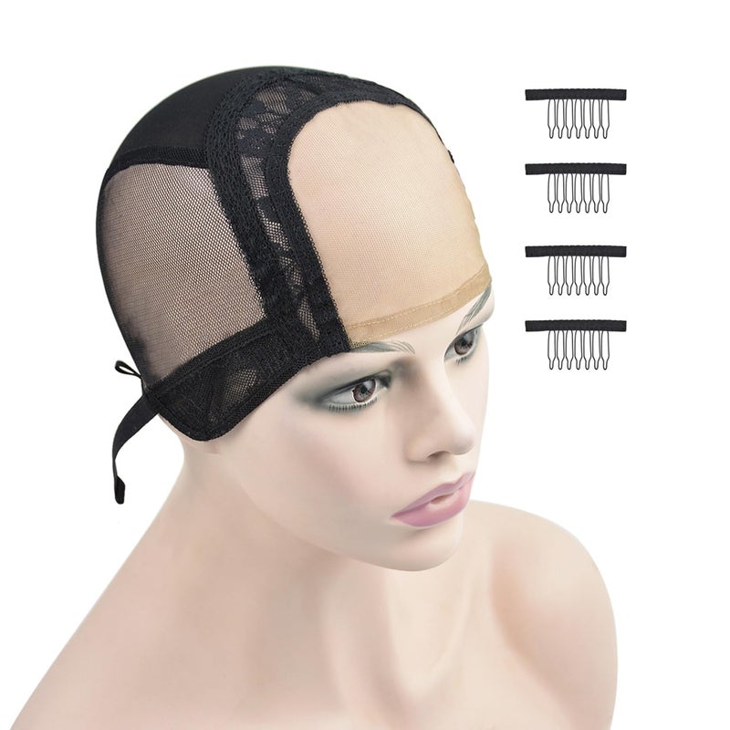 YTBYT 4X4 Inch U Part Swiss Lace Wig Cap with Adjustable Straps Lace Front Wig Cap for Wig Making Accessories Black S