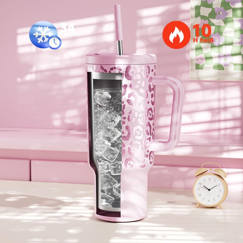 Meoky 40 oz Tumbler with Handle and Straw, Tumbler with Lid and Straw, Insulated Stainless Steel Travel Mug, 100% Leak-proof, Keeps Cold for 34 Hours or Hot for 10 Hours (Pink Leopard) - Image 2