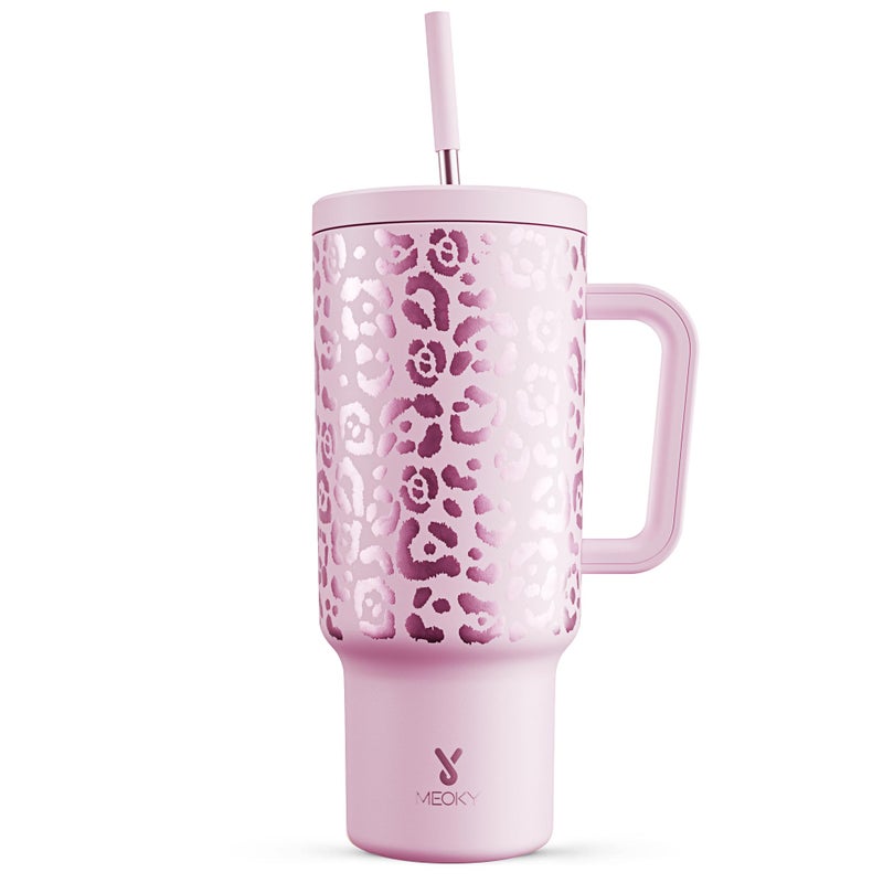 Meoky 40 oz Tumbler with Handle and Straw, Tumbler with Lid and Straw, Insulated Stainless Steel Travel Mug, 100% Leak-proof, Keeps Cold for 34 Hours or Hot for 10 Hours (Pink Leopard) - Image 1