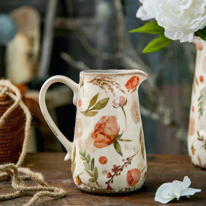 RETRO RUSTIC LARGE CERAMIC VASE WITH HANDLE DISTRESSED FARMHOUSE PITCHER FOR HOME IDEAL SHELF DECOR FLORAL VASE FOR LIVING ROOM BEDROOM OFFICE TABLE CENTERPIECE DECORATIONS 9 INCH