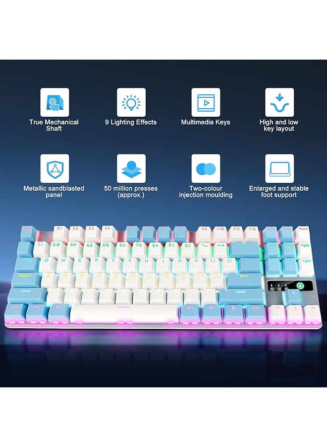 Gaming Keyboard 87 Keys Wired 6 Colours Led Multi Mode Ambient Backlit Keyboard 75% Mechanical Keyboard For Laptops Pc Gamers White/Blue - Image 2