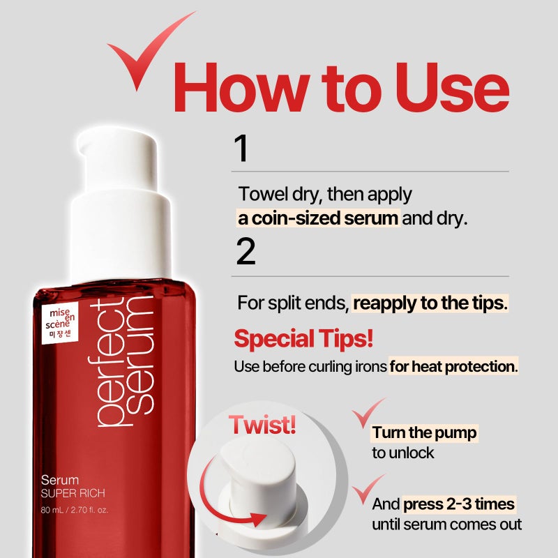 Mise En Scène سيروم ميس إن سين بيرفكت سوبر ريتش مع زيوت الأركان - جوهر الشعر للعناية المكثفة عالية التغذية، زيت شعر كوري، 2.70 أونصة سائلة - Image 2