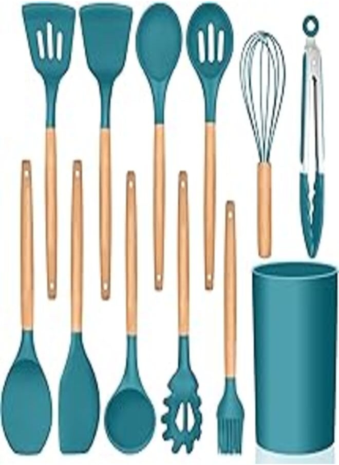 E-far Kitchen Utensils Set of 12, E-far Silicone Cooking Utensils with Holder, Non-stick Cookware Friendly & Heat Resistant, Includes Spatula Tong Whisk Ladle Brush Slotted Turner Spoon(assorted color) 
