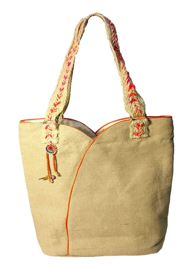 athizay Scoop Top JUCO Tote Bag for Women - Off-White with Orange Piping, Braided Handles & Parrot Charm | Natural Jute-Cotton Shoulder Bag for Office, Shopping & Travel - Image 1