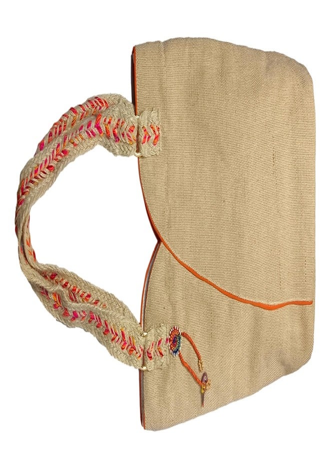 athizay Scoop Top JUCO Tote Bag for Women - Off-White with Orange Piping, Braided Handles & Parrot Charm | Natural Jute-Cotton Shoulder Bag for Office, Shopping & Travel - Image 2