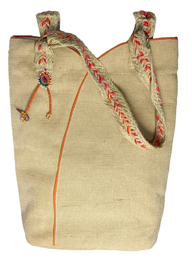 athizay Scoop Top JUCO Tote Bag for Women - Off-White with Orange Piping, Braided Handles & Parrot Charm | Natural Jute-Cotton Shoulder Bag for Office, Shopping & Travel - Image 4