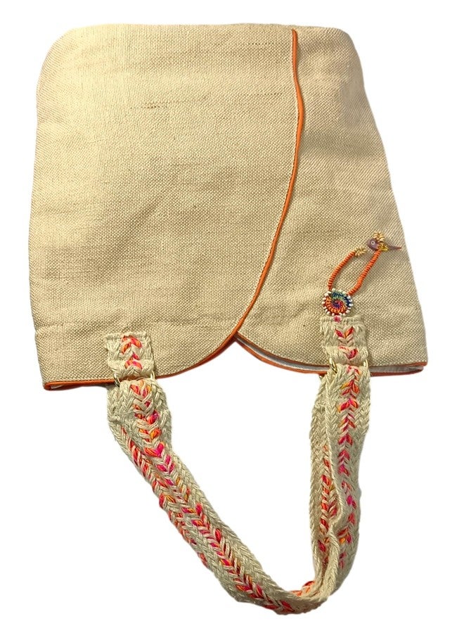 athizay Scoop Top JUCO Tote Bag for Women - Off-White with Orange Piping, Braided Handles & Parrot Charm | Natural Jute-Cotton Shoulder Bag for Office, Shopping & Travel - Image 3