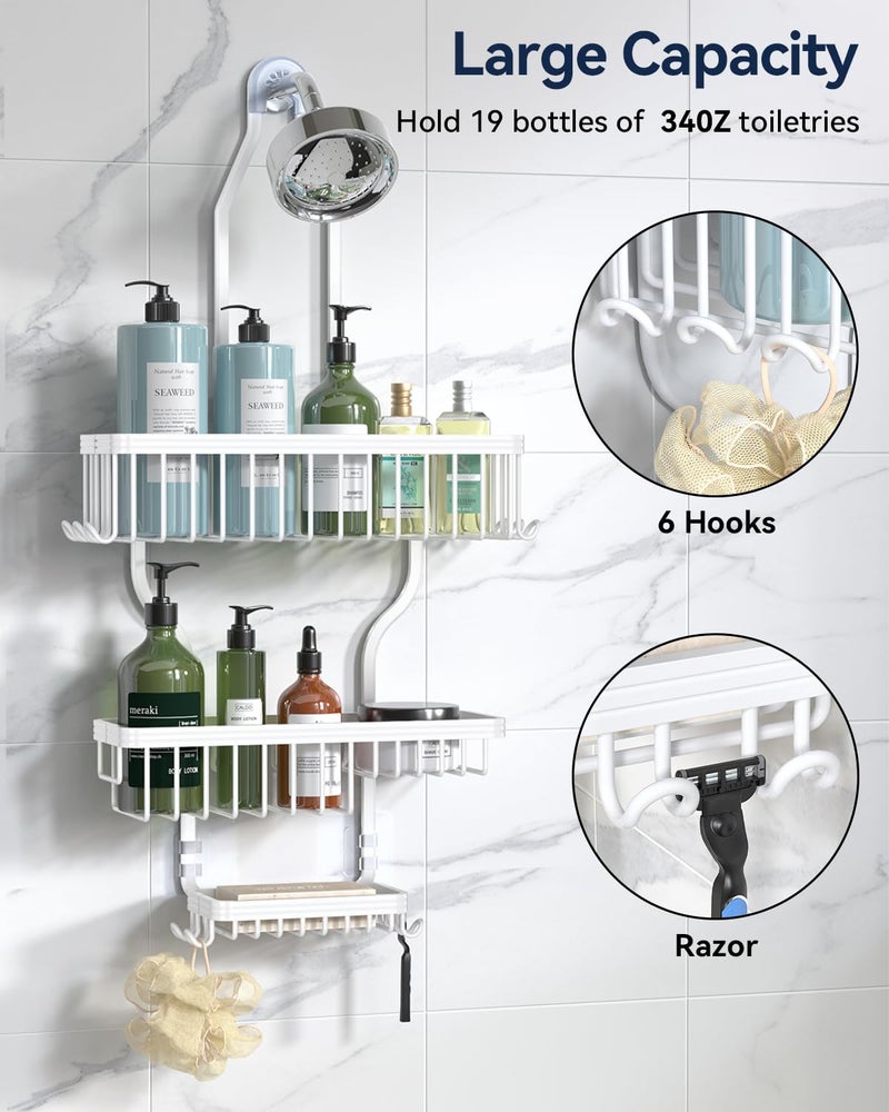 YASONIC Shower Caddy - Never Rust Aluminum Organizer - Over Shower Head with 10 Hooks & Soap Basket - White - Image 2