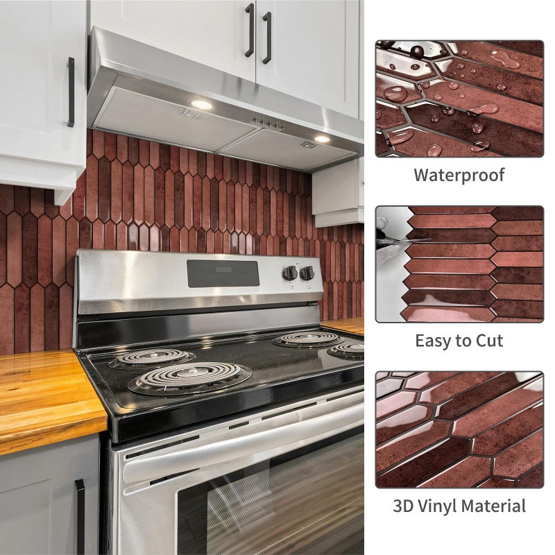 BESTWOO 10 Sheet Long Hexagon Peel and Stick Backsplash Tile, 12"x12" 3D Adhesive Glossy Marble Vinyl Stick on Wall Tiles for Bathroom, Kitchen, Living Room (Brown, 12" x 12") - Image 5