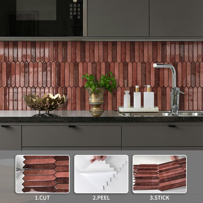 BESTWOO 10 Sheet Long Hexagon Peel and Stick Backsplash Tile, 12"x12" 3D Adhesive Glossy Marble Vinyl Stick on Wall Tiles for Bathroom, Kitchen, Living Room (Brown, 12" x 12") - Image 2