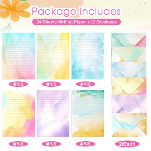 KSIWRE Watercolor Stationary Paper and Envelopes Set, 24 PCS Colorful Writing Stationery Paper with 12 PCS Envelopes,Pretty Watercolor Styles Stationery Printed Design for Love Letter, Party Invitations - Image 5