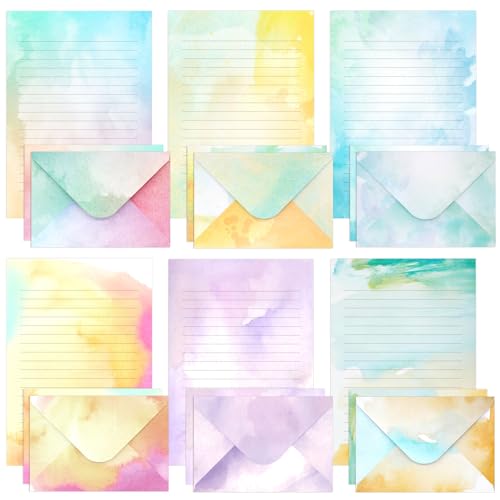 KSIWRE Watercolor Stationary Paper and Envelopes Set, 24 PCS Colorful Writing Stationery Paper with 12 PCS Envelopes,Pretty Watercolor Styles Stationery Printed Design for Love Letter, Party Invitations - Image 1