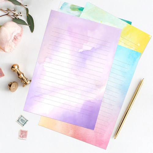 KSIWRE Watercolor Stationary Paper and Envelopes Set, 24 PCS Colorful Writing Stationery Paper with 12 PCS Envelopes,Pretty Watercolor Styles Stationery Printed Design for Love Letter, Party Invitations - Image 2