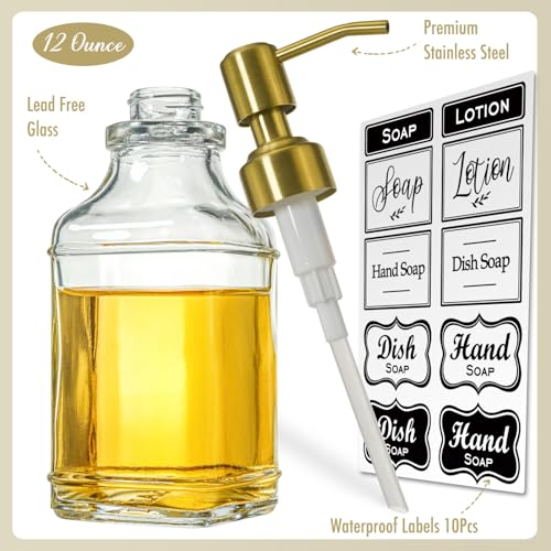 JASAI Antique Square Glass Soap Dispenser with Golden Rust Proof Pump, Refillable soap Dispenser with 10Pcs Stickers for Kitchen, Dish Soap Dispenser for Kitchen Bathroom Soap, Hand soap, Lotion. - Image 2