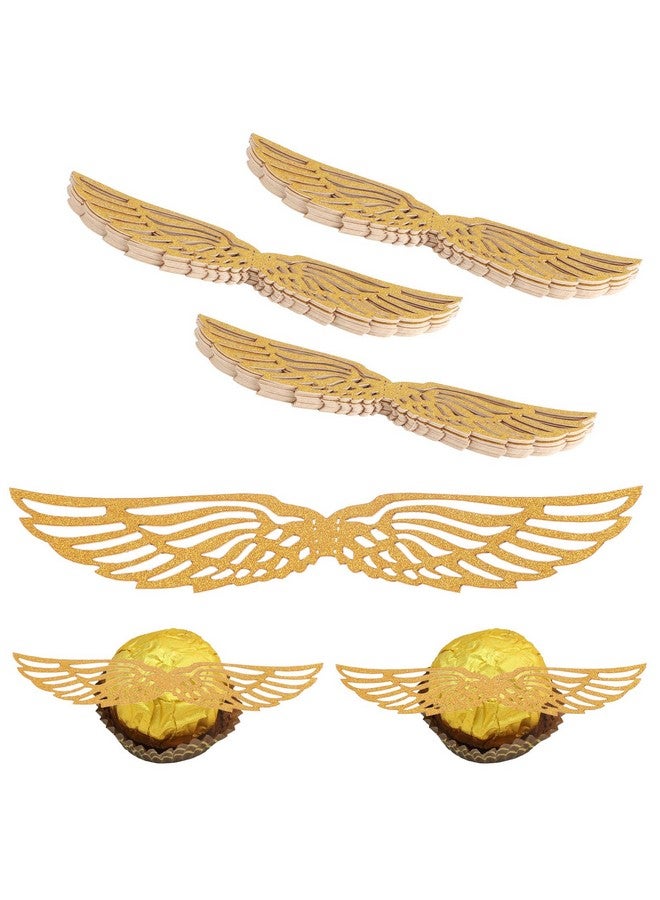 CCINEE 50 Pcs Gold Glitter Wings Wizard Chocolate Decoration Cupcake Toppers Hollowed Golden Wings Wafer with Glue Point Dots for Themed Party Birthday Cake Wedding - Image 1
